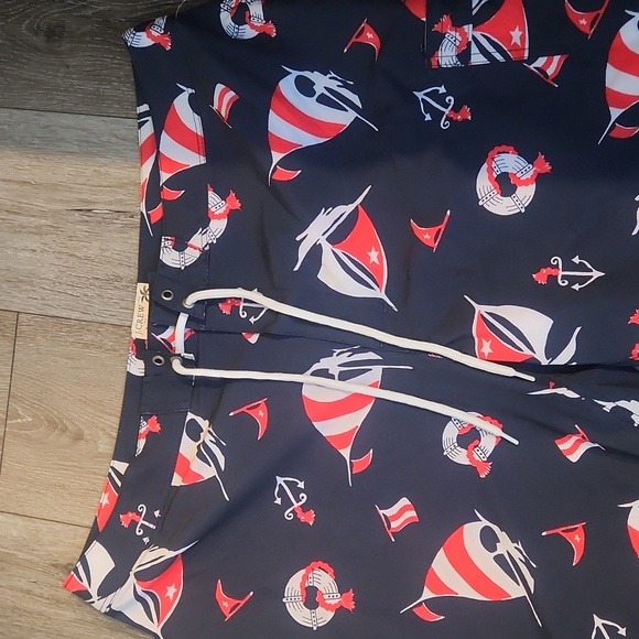 J. Crew Men's Swim Shorts - Navy with Red and White Accents - Picture 2 of 4